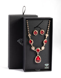 Gold Diamond Simulant Ruby Oval Flower Earring & Necklace Set - link has visual effect only