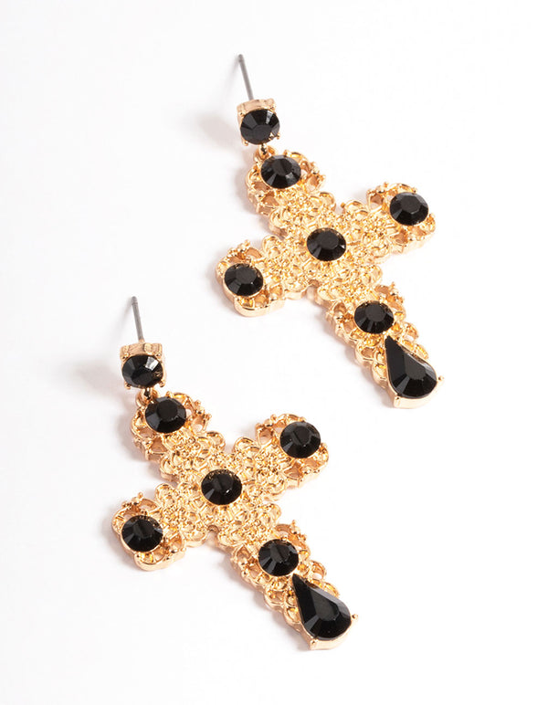 Black Textured Stone Cross Earrings