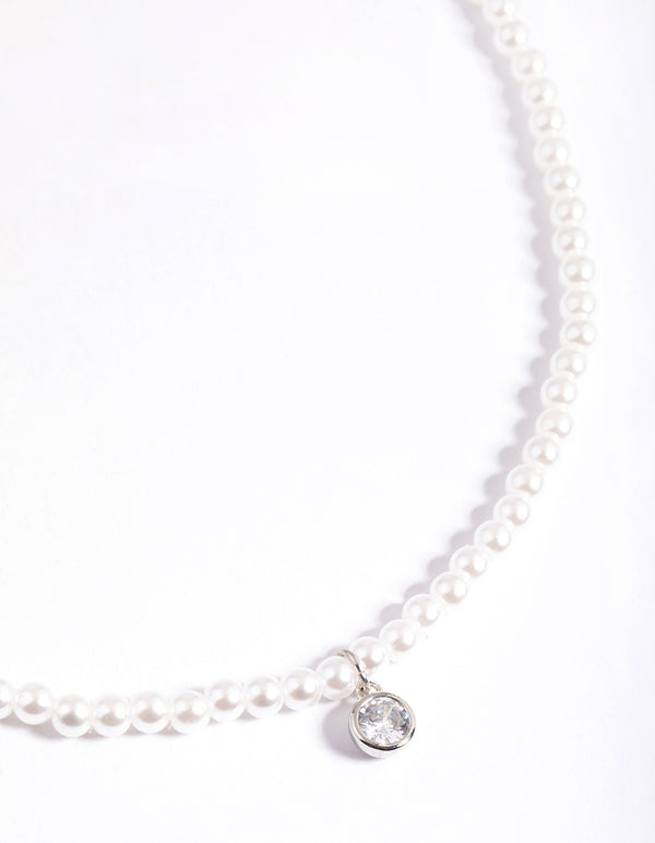 Rhodium Classic Pearl & Diamante Necklace