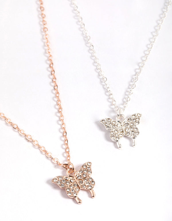 Mixed Metal Diamante Butterfly Necklace Pack