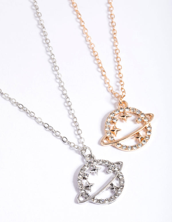 Mixed Metal Diamante Saturn Necklace Pack