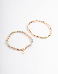 Gold Mixed Bead Heart Stretch Bracelet Pack - link has visual effect only