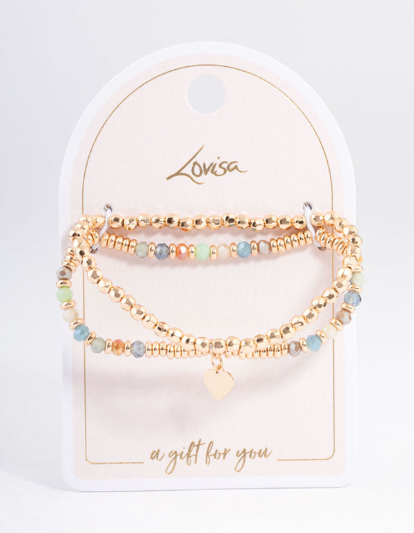 Gold Mixed Bead Heart Stretch Bracelet Pack