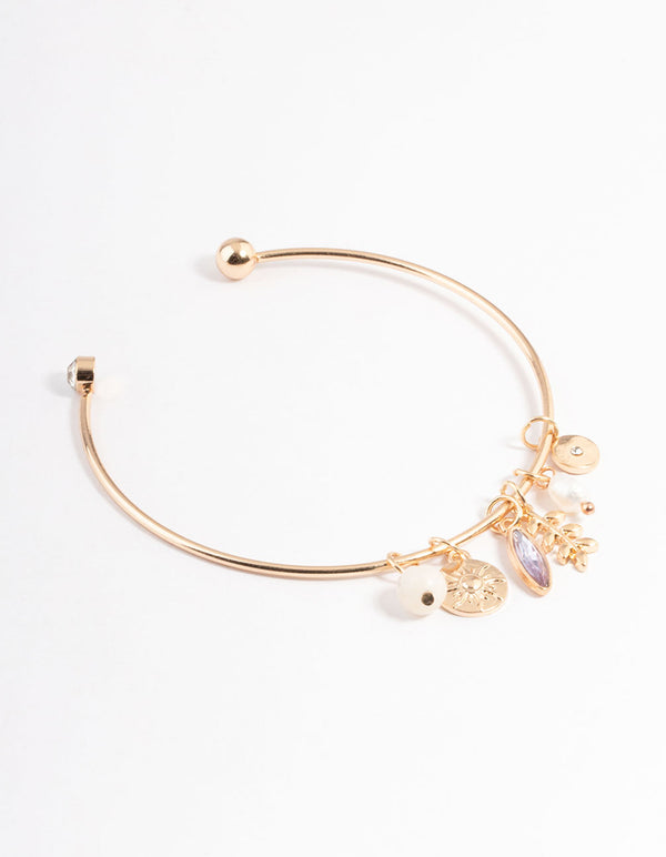 Gold Mixed Charm Open Cuff Bangle