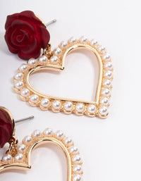 Red Rose Drop Pearly Heart Earrings - link has visual effect only