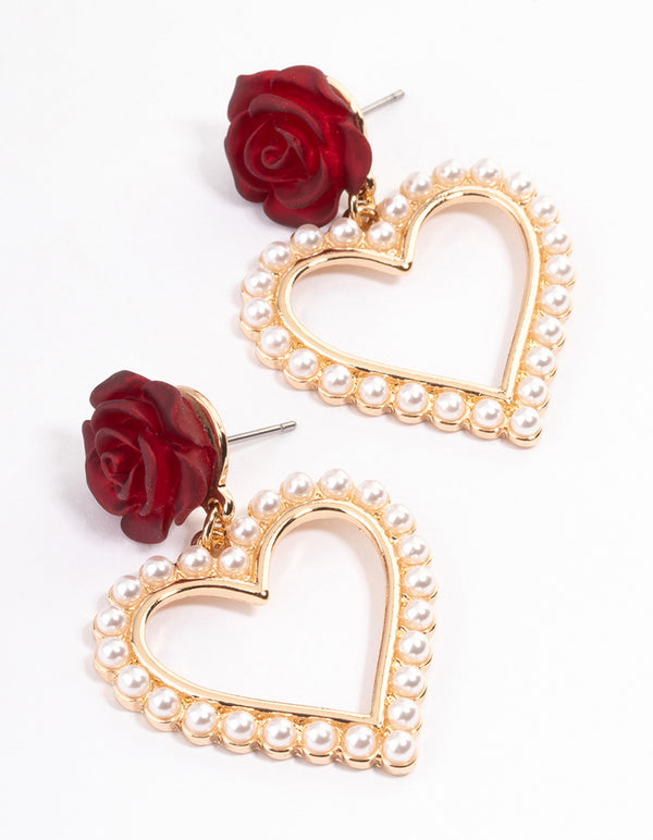 Red Rose Drop Pearly Heart Earrings