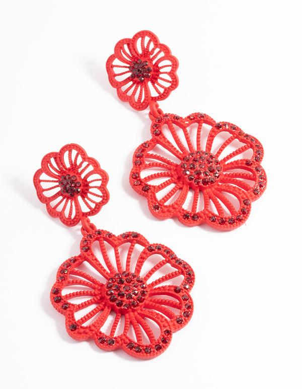 Red Diamante Flower Drop Earrings