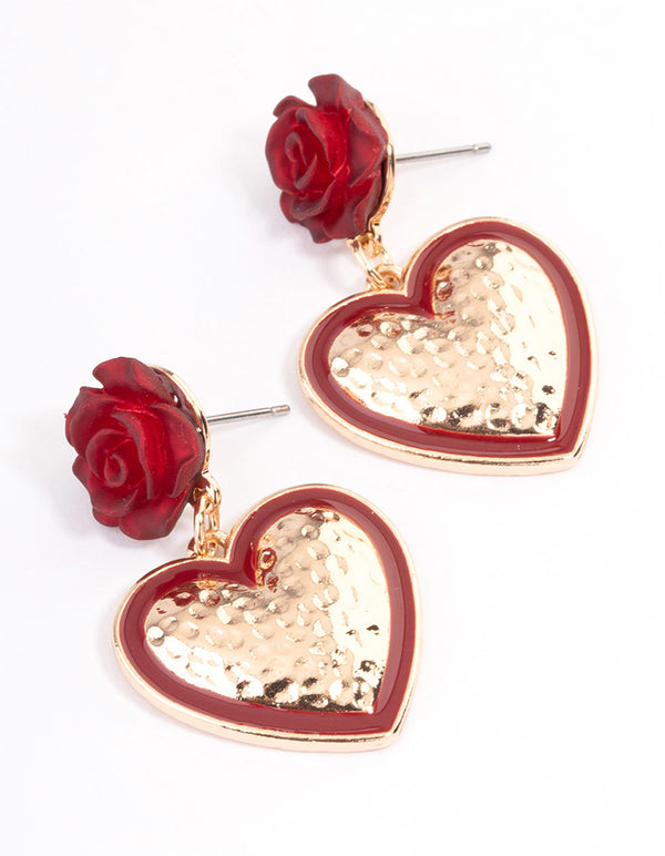 Red Rose Drop Heart Earrings