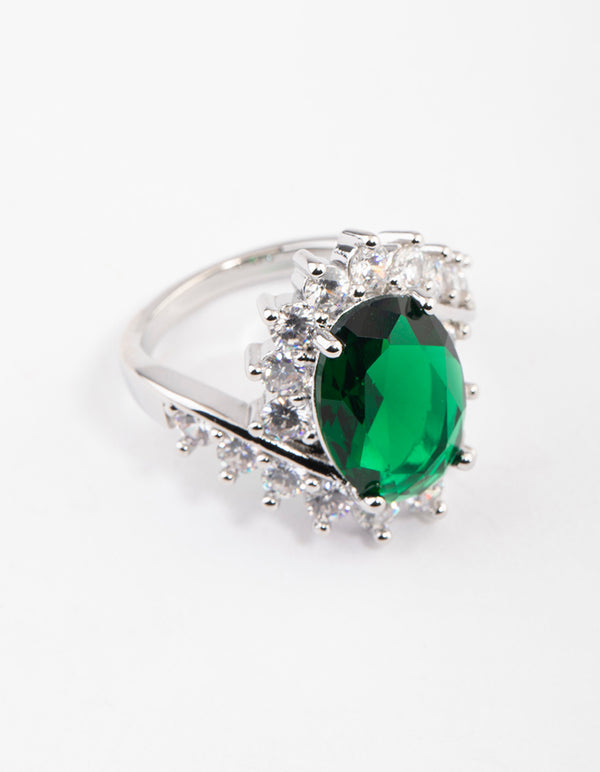 Silver Cubic Zirconia Vintage Green Oval Ring