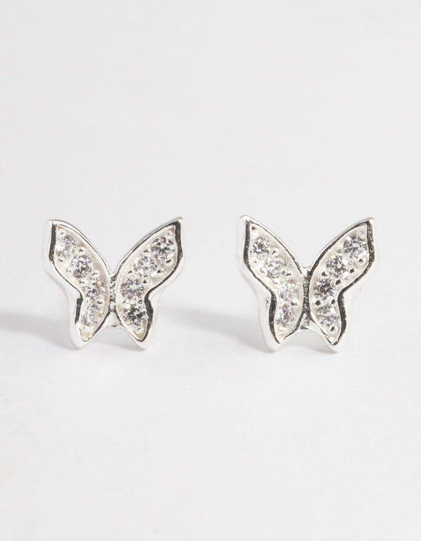 Sterling Silver Cubic Zirconia Pave Butterfly Stud Earrings