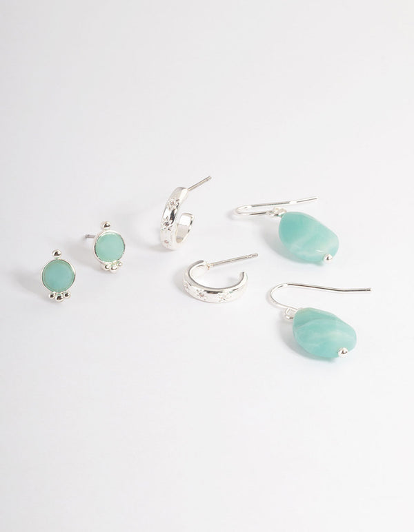 Silver Plated Amazonite Round Star Stack Earrings