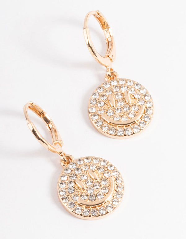 Gold Diamante Smiley Huggie Earrings