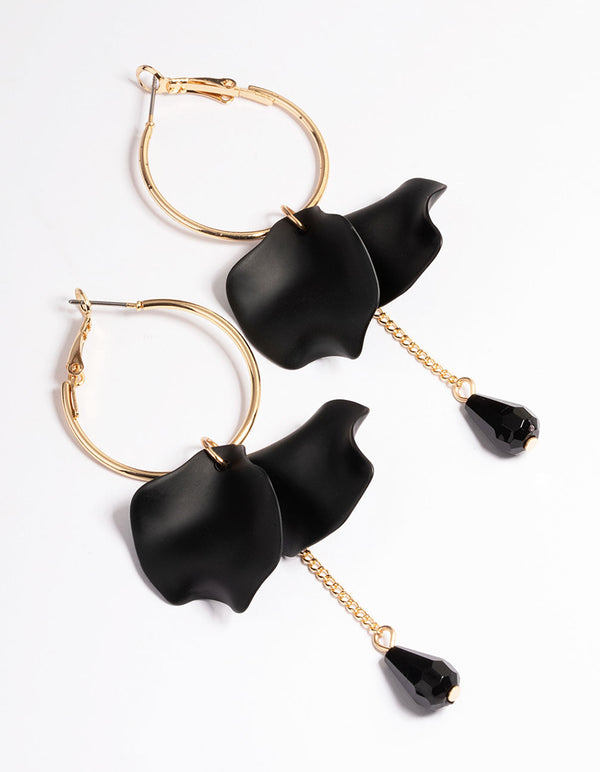 Black Petal & Chain Hoop Earrings