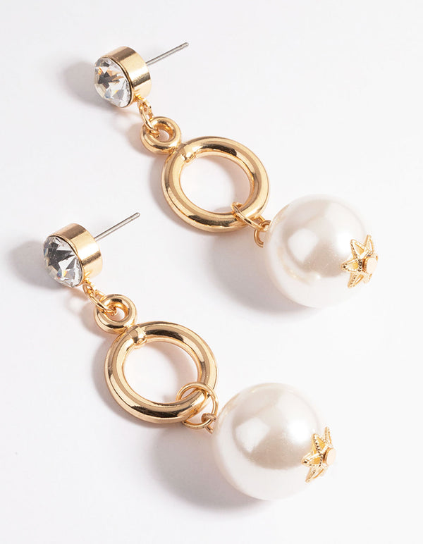 Gold Large Pearl Circle Drop Earrings