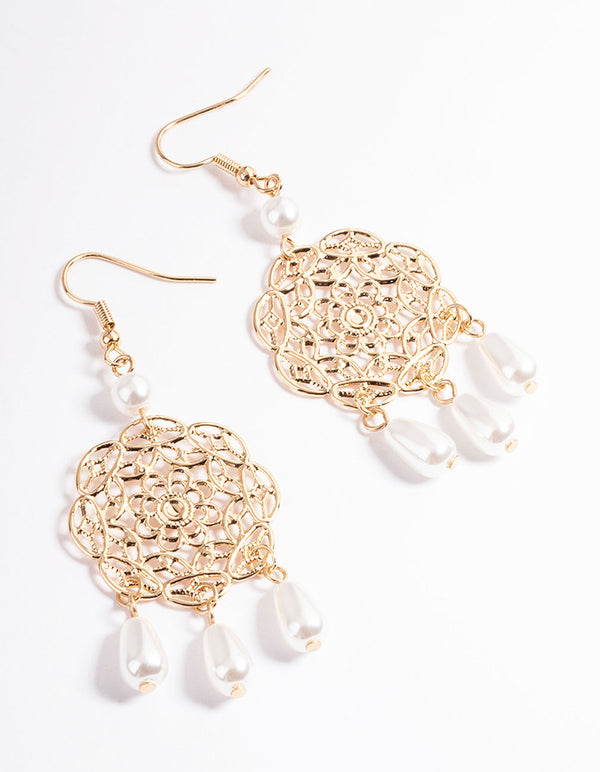 Gold Ornate & Triple Pearl Drop Earrings