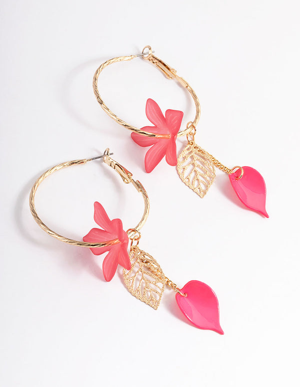 Gold Plastic Flower & Leaf Textured Hoop Earrings