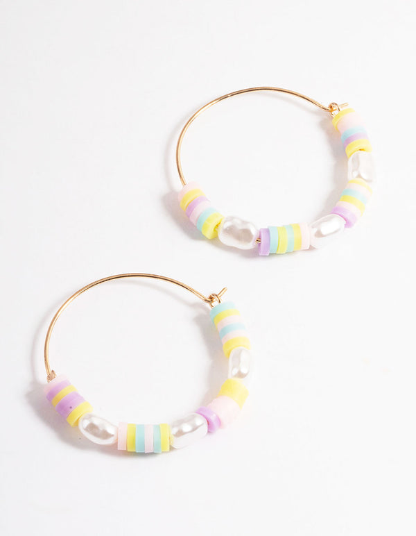 Gold Mixed Flat Bead & Pearl Hoop Earrings