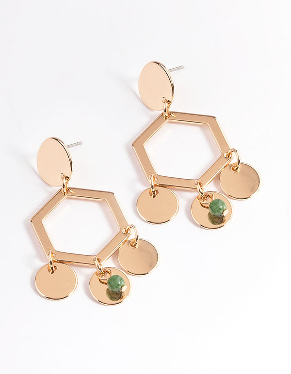 Green Mixed Geometric Disc & Bead Drop Earrings