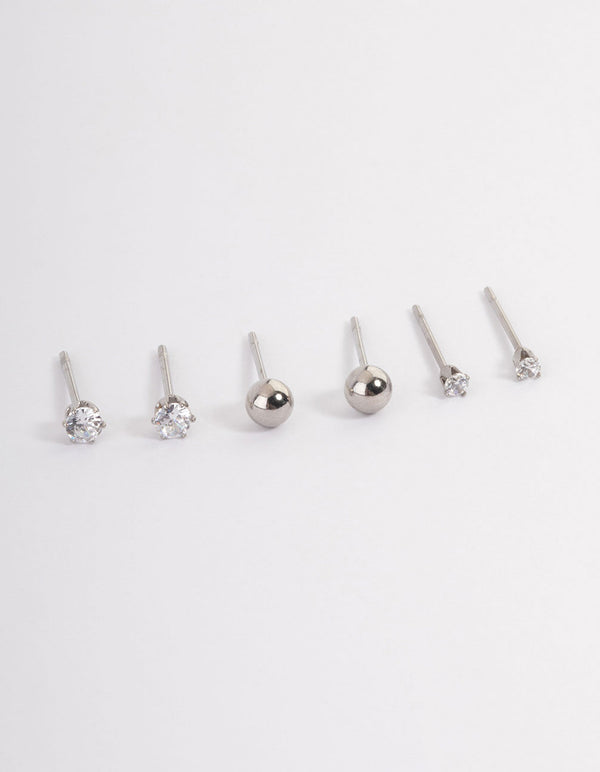 Stainless Steel Cubic Zirconia Plain Stud Earrings Pack