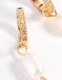 Gold Plated Stainless Steel Diamante Freshwater Pearl Drop Huggie Earrings - link has visual effect only