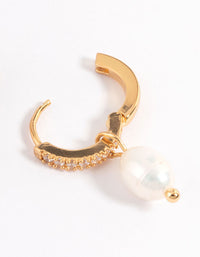 Gold Plated Stainless Steel Diamante Freshwater Pearl Drop Huggie Earrings - link has visual effect only
