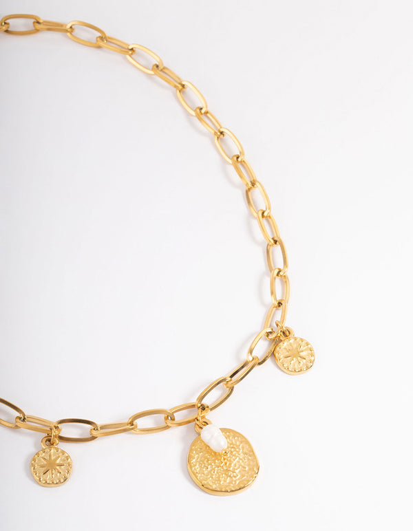 Gold Plated Stainless Steel Coin & Pearl Necklace