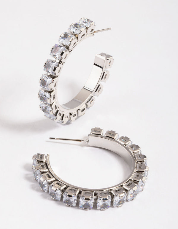 Cubic Zirconia Silver 25mm Diamante Hoop Earrings