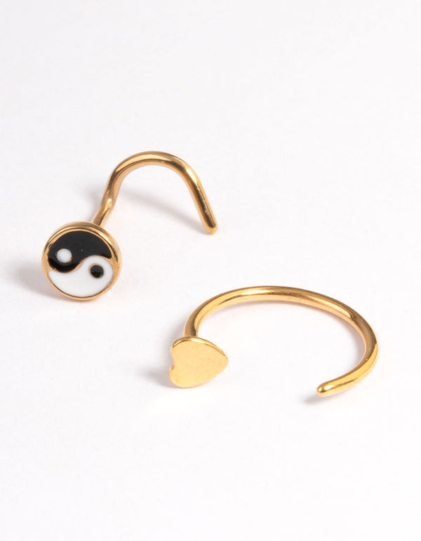 Gold Plated Surgical Steel Heart & Yin Yang Nose Pack