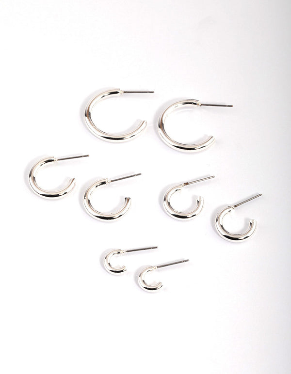 Silver Basic Round Hoop Earrings 4-Pack