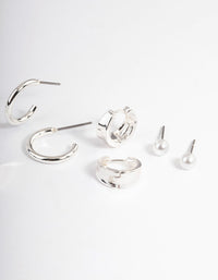 Silver Pearl & Triple Row Cuff Earrings 4-Pack - link has visual effect only