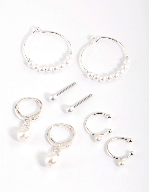 Silver Pearl Charm Hoop Earrings 4-Pack