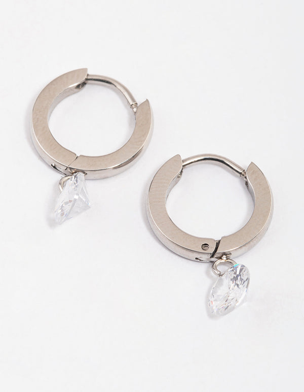 Rhodium Surgical Steel Floating Cubic Zirconia Hoop Earrings