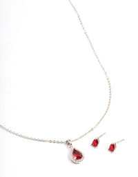 Silver Red Cubic Zirconia Pear Halo Earrings & Necklace Set - link has visual effect only