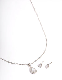 Silver Cubic Zirconia Pear Halo Earrings & Necklace Set - link has visual effect only