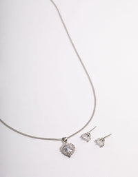 Silver Cubic Zirconia Halo Heart Earrings & Necklace Set - link has visual effect only