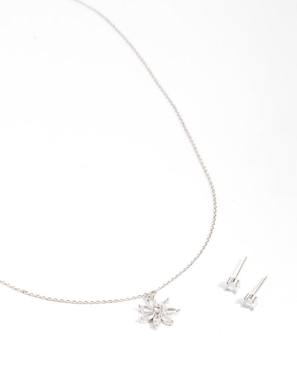 Silver Cubic Zirconia Marquise Flower Earrings & Necklace Set