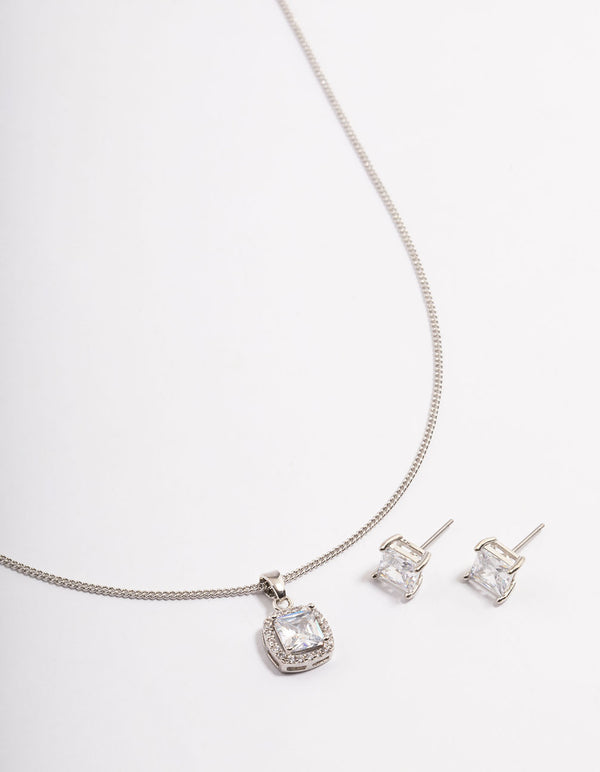 Silver Square Halo Earrings & Necklace Set