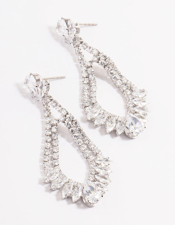 Diamond Simulant Silver Fan Detail Teardrop Earrings