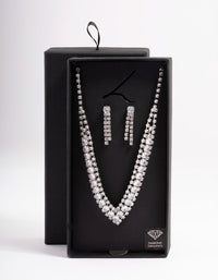 Diamond Simulant Silver Drop Earring & Necklace Set - link has visual effect only