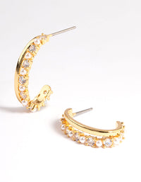 Gold Plated Pearl Cubic Zirconia Long Double Cuff Hoop Earrings - link has visual effect only