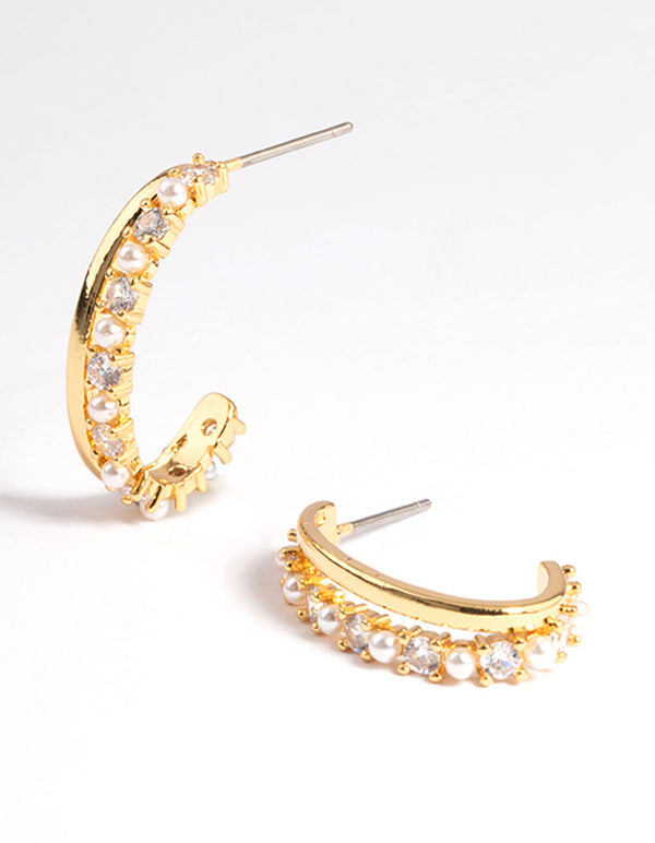 Gold Plated Pearl Cubic Zirconia Long Double Cuff Hoop Earrings