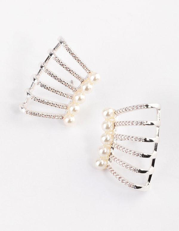 Silver Plated Diamante Pearl Triple Cuff Stud Earrings