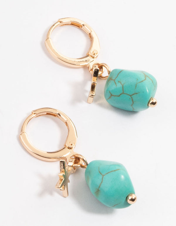 Gold Turquoise Star Huggie Earrings