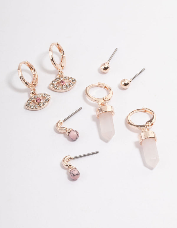 Rose Gold Rose Quartz Evil Eye Stack Earring Pack