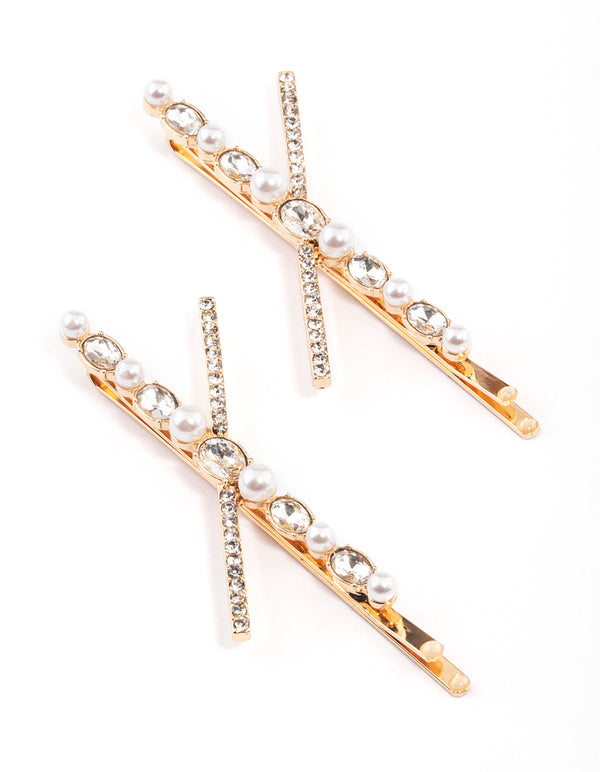 Gold Cross Pearl Hair Slide Pack