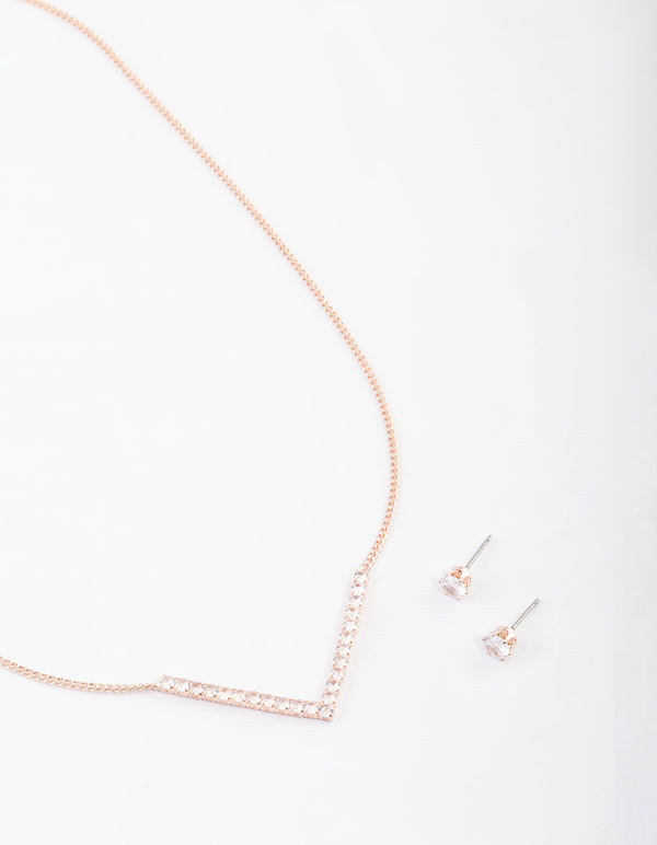 Rose Gold Cubic Zirconia V Necklace & Stud Earrings Set