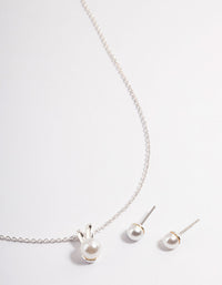 Silver Pearl Bunny Necklace & Stud Earrings - link has visual effect only