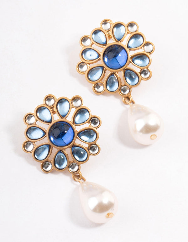 Blue Mosiac Stone Pearly Drop Earrings