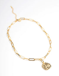 Gold Plated Brass Coin Pendant Link Necklace - link has visual effect only