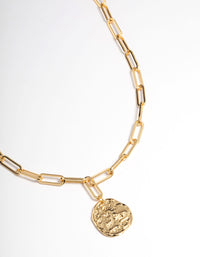 Gold Plated Brass Coin Pendant Link Necklace - link has visual effect only